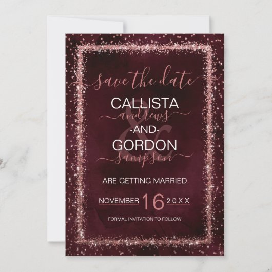 Bourgondische Roségoud Gestrooide Confetti Bruilof Save The Date (Voorkant)