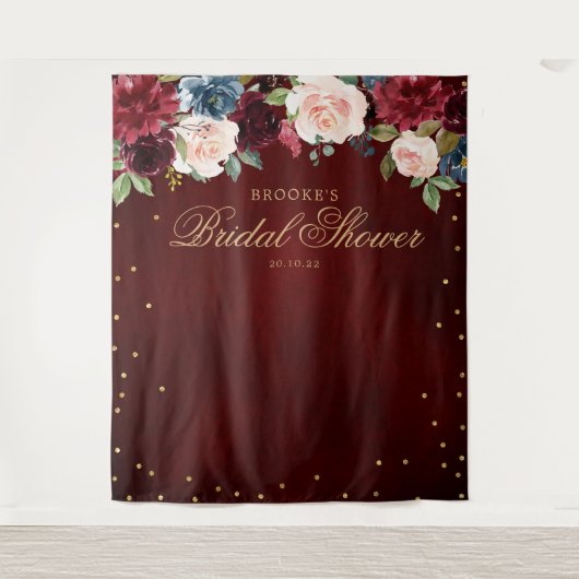 Bourgondische Roze Bloem Bruiloft Foto Achtergrond Wandkleed (Voorkant)