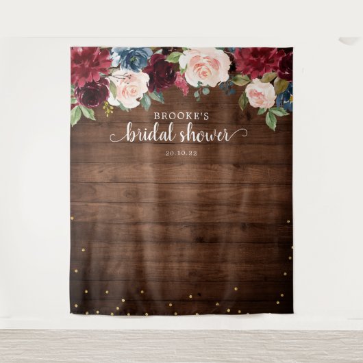Bourgondische Roze Bloem Bruiloftsshower Foto Acht Wandkleed (Voorkant)