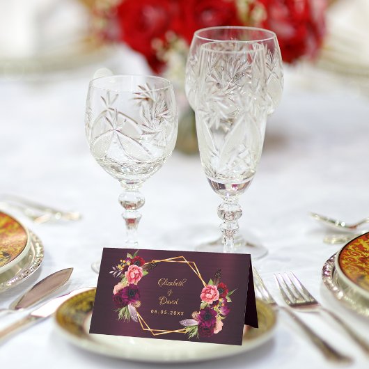 Bourgondische roze bloemen boho bruiloft plaatskaartje