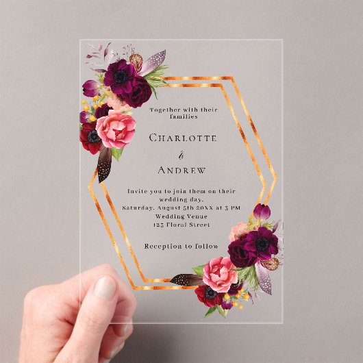 Bourgondische roze bloemen goud geometrische boho  acryl uitnodigingen (Insitu (Draagbaar))