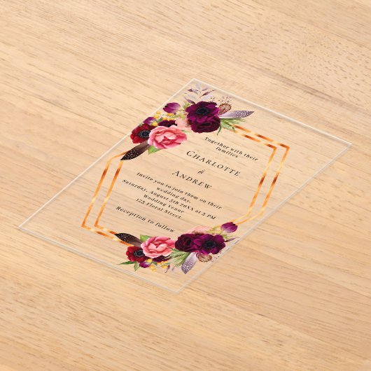 Bourgondische roze bloemen goud geometrische boho  acryl uitnodigingen (Laagn)