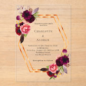 Bourgondische roze bloemen goud geometrische boho  acryl uitnodigingen (Voorkant)