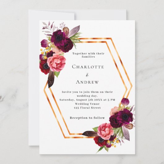 Bourgondische roze bloemen goud geometrische boho kaart (Voorkant)