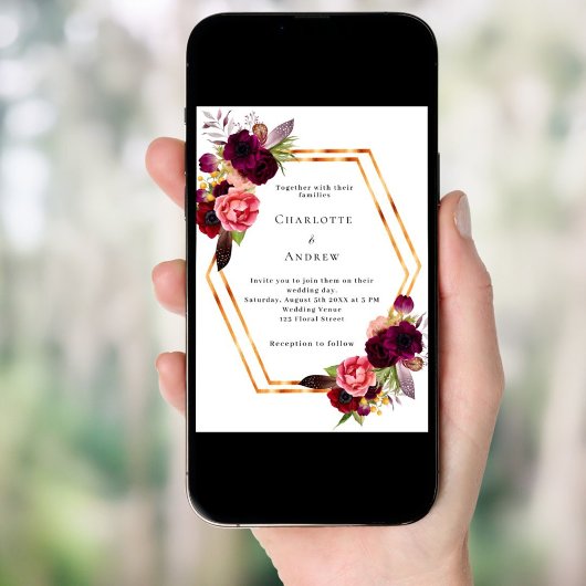 Bourgondische roze bloemen goud geometrische boho  kaart