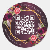 Bourgondische roze bloemen goud geometrische QR br Ronde Sticker (Voorkant)
