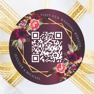 Bourgondische roze bloemen goud geometrische QR br Ronde Sticker