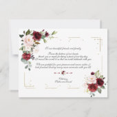 Bourgondische roze bloemen gouden glitters kader t bedankkaart (Achterkant)