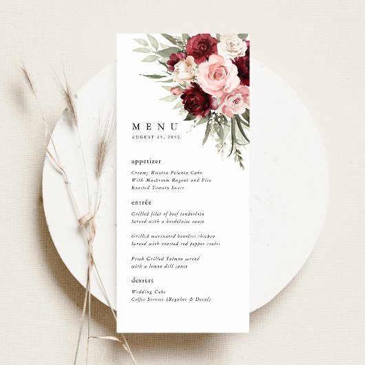 Bourgondische Roze Bloemige Bruiloftsreceptie Menu