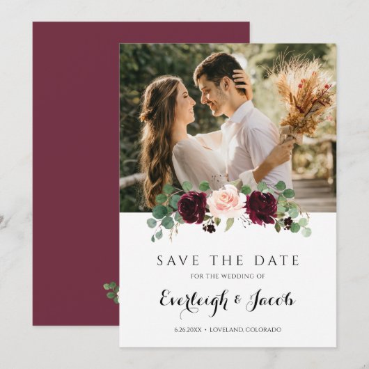 Bourgondische Roze Bloemige Eucalyptus Bruiloft Save The Date (Voorkant / Achterkant)