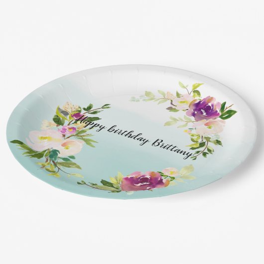 Bourgondische roze bloemige munt ombre waterverf papieren bordje (Gekanteld)