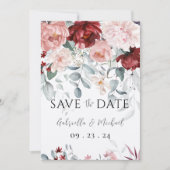 Bourgondische Roze Bloemige Trouwdag Save The Date (Voorkant)