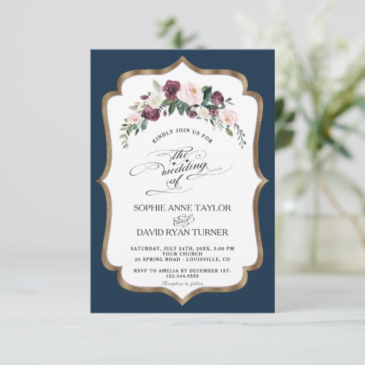 Bourgondische Roze Ivoor Bloemige Bloei Gouden Tro Kaart (Staand voorkant)