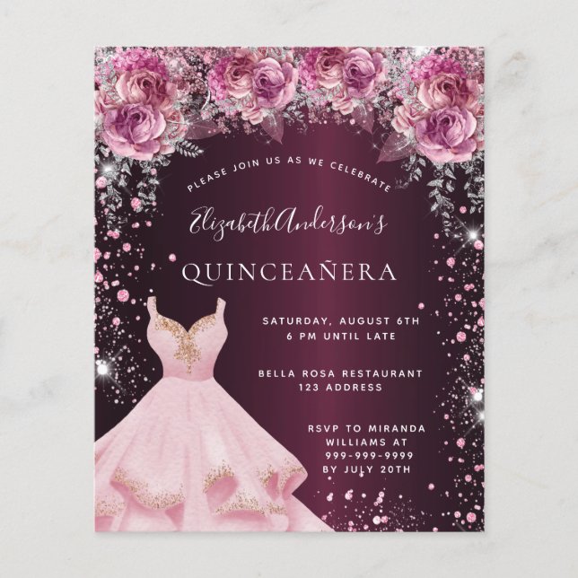 Bourgondische roze jurk Quinceanera uitnodiging (Voorkant)