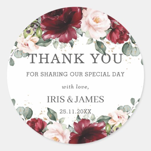 Bourgondische Roze Roze Bloemige Trouw Bruiloft Ve Ronde Sticker (Voorkant)