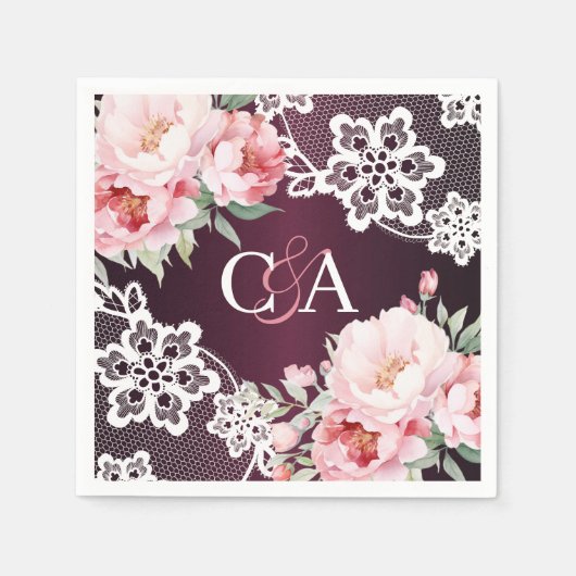 Bourgondische roze rozen bloemen monogram bruiloft servet (Voorkant)