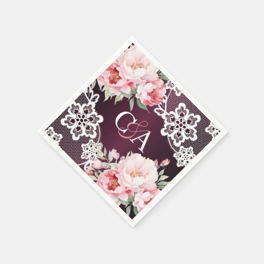 Bourgondische roze rozen bloemen monogram bruiloft servet (Hoek)