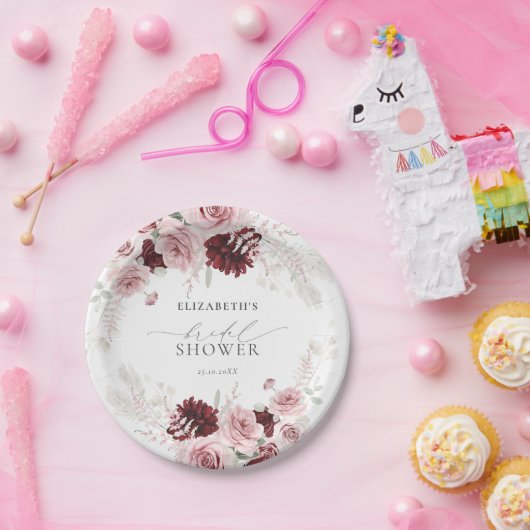 Bourgondische Roze Rozen Bruiloft Bridal Shower Papieren Bordje (Feest)