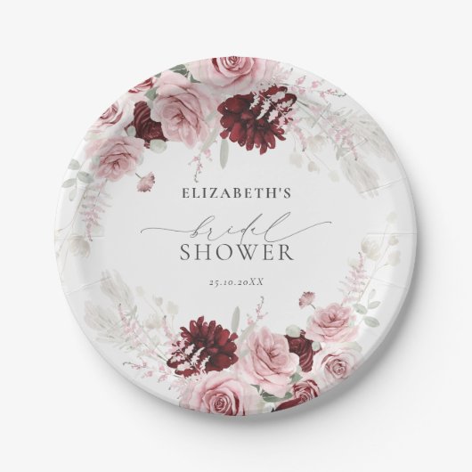 Bourgondische Roze Rozen Bruiloft Bridal Shower Papieren Bordje (Voorkant)