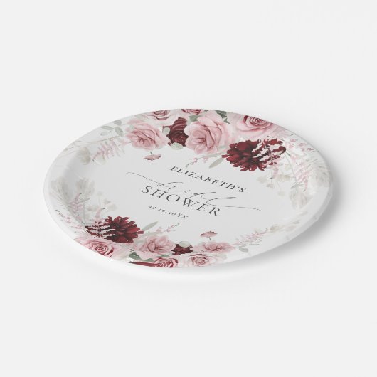 Bourgondische Roze Rozen Bruiloft Bridal Shower Papieren Bordje (Gekanteld)