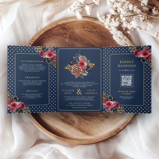 Bourgondische Rozen alles in één Navy Blue Wedding Drieluik Uitnodiging