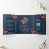 Bourgondische Rozen alles in één Navy Blue Wedding Drieluik Uitnodiging (Binnen)