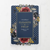 Bourgondische Rozen alles in één Navy Blue Wedding Drieluik Uitnodiging (Cover)