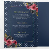 Bourgondische Rozen alles in één Navy Blue Wedding Drieluik Uitnodiging (Binnenzijde eerst)