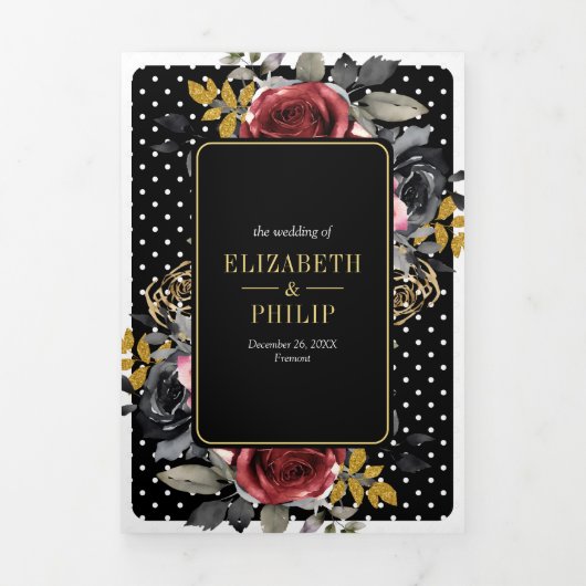 Bourgondische Rozen alles in één zwarte bruiloft Drieluik Uitnodiging (Cover)
