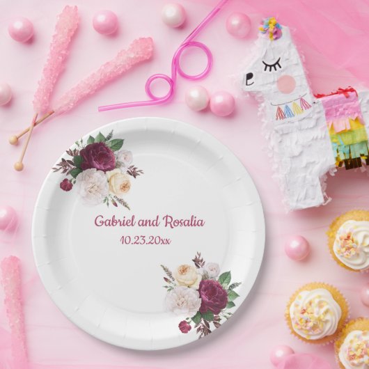 Bourgondische Rozen Boeket Engagement Party Papieren Bordje (Feest)