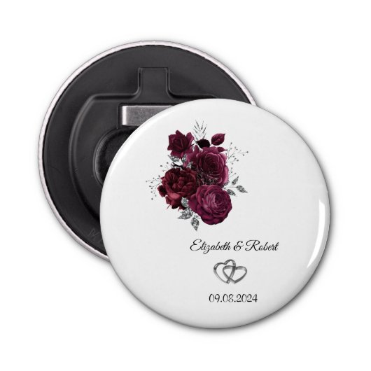 Bourgondische Rozen bruiloft Button Flesopener (Voorkant)