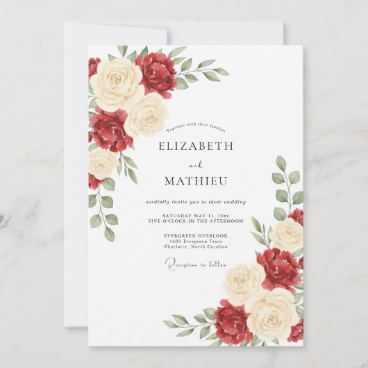 Bourgondische Rozen Bruiloftsbloemen Kaart (Voorkant)