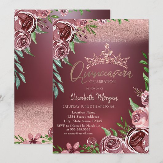 Bourgondische Rozen, Crown Bokeh Quinceañera Kaart (Voorkant / Achterkant)