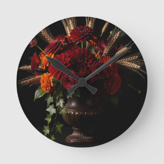 Bourgondische Rozen Dahlia Tarwe Bloemstuk Stillev Ronde Klok