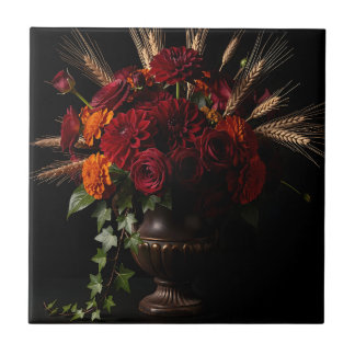 Bourgondische Rozen Dahlia Tarwe Bloemstuk Stillev Tegeltje