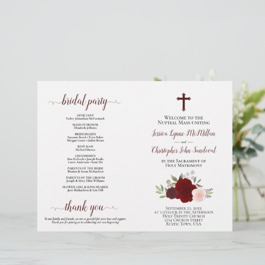 Bourgondische Rozen DIY Vouw Katholiek Trouwprogra (Staand voorkant)