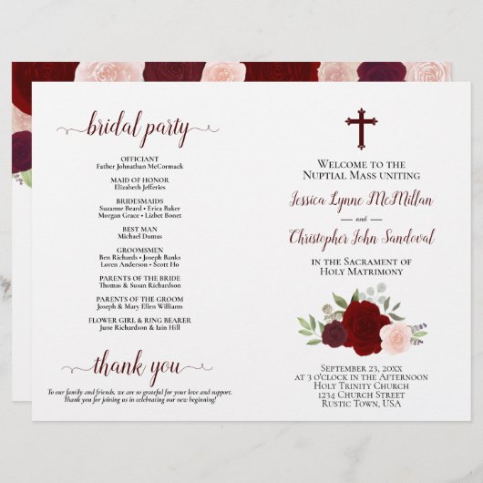 Bourgondische Rozen DIY Vouw Katholiek Trouwprogra (Voorkant / Achterkant)