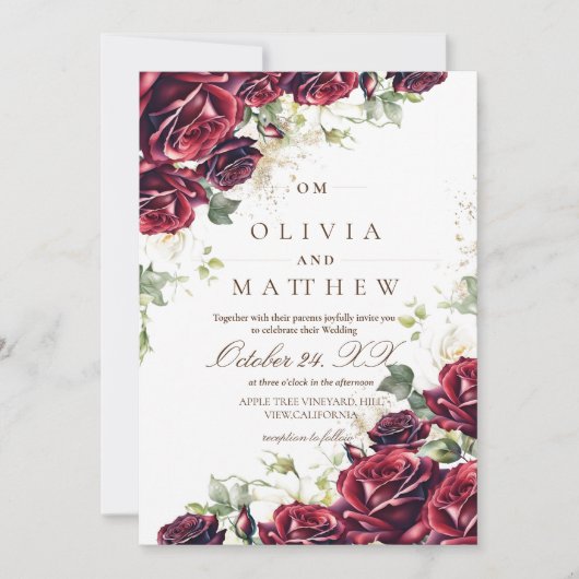 Bourgondische Rozen en gouden bloemenbruiloft Kaart (Voorkant)