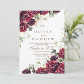 Bourgondische rozen en gouden bloemige trouw  kaart (Staand voorkant)