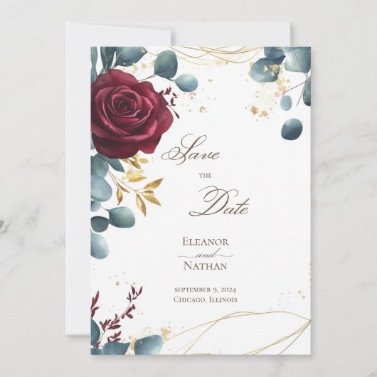 Bourgondische Rozen en modern Save the Date Kaart (Voorkant)