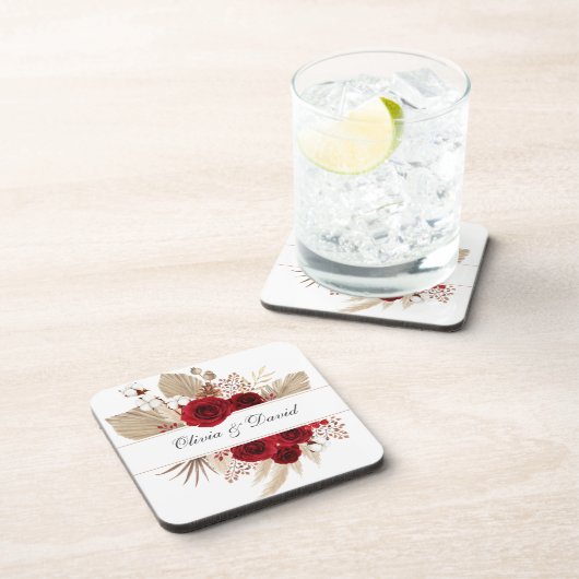 Bourgondische Rozen en Pampas Grass bruiloft Bier Onderzetter (Rechterzijde)