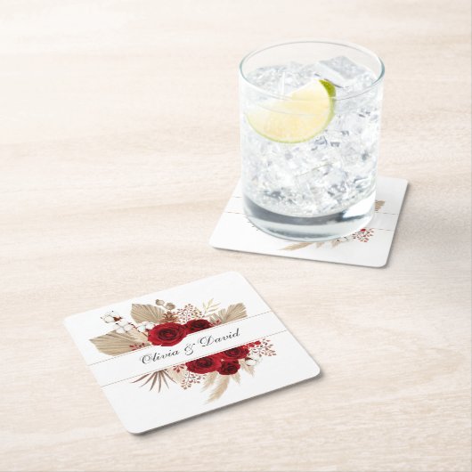 Bourgondische Rozen en Pampas Grass bruiloft Kartonnen Onderzetters (Insitu)