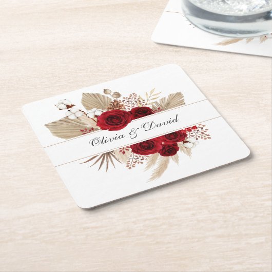 Bourgondische Rozen en Pampas Grass bruiloft Kartonnen Onderzetters (Schuin)