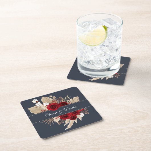 Bourgondische Rozen en Pampas Grass bruiloft Kartonnen Onderzetters (Insitu)