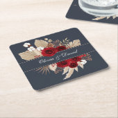 Bourgondische Rozen en Pampas Grass bruiloft Kartonnen Onderzetters (Schuin)