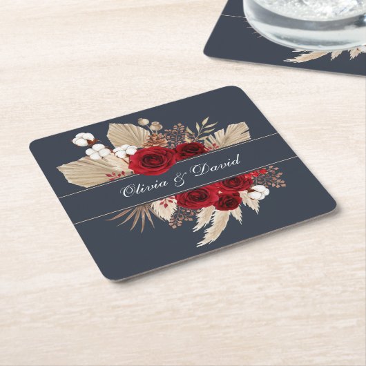 Bourgondische Rozen en Pampas Grass bruiloft Kartonnen Onderzetters (Schuin)