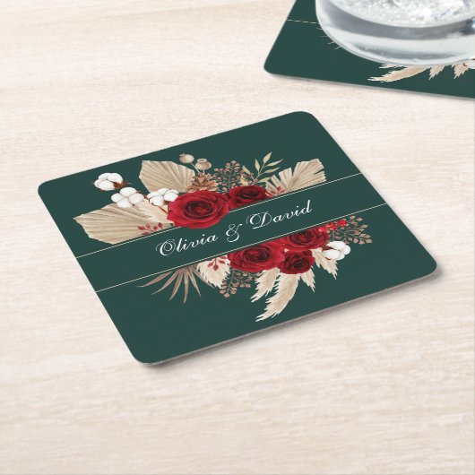 Bourgondische Rozen en Pampas Grass bruiloft Kartonnen Onderzetters (Schuin)