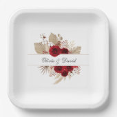 Bourgondische Rozen en Pampas Grass bruiloft Papieren Bordje (Voorkant)