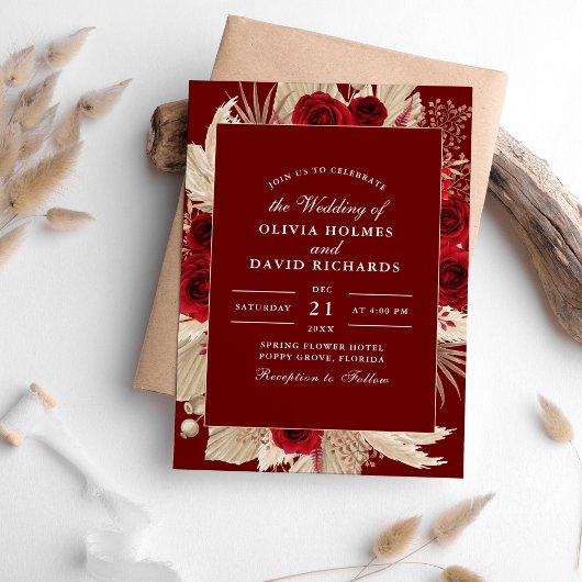 Bourgondische Rozen en Pampas Grass bruiloft uitno Kaart