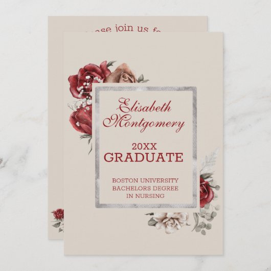Bourgondische rozen en zilveren kader afstudeerfee aankondiging (Voorkant / Achterkant)